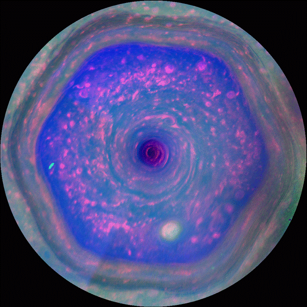 Animation en fausses couleurs du vortex hexagonal au pôle Nord de Saturne