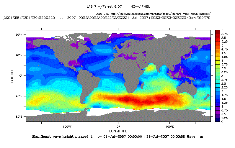 Carte de la hauteur moyenne des vagues sur le mois de juillet 2007