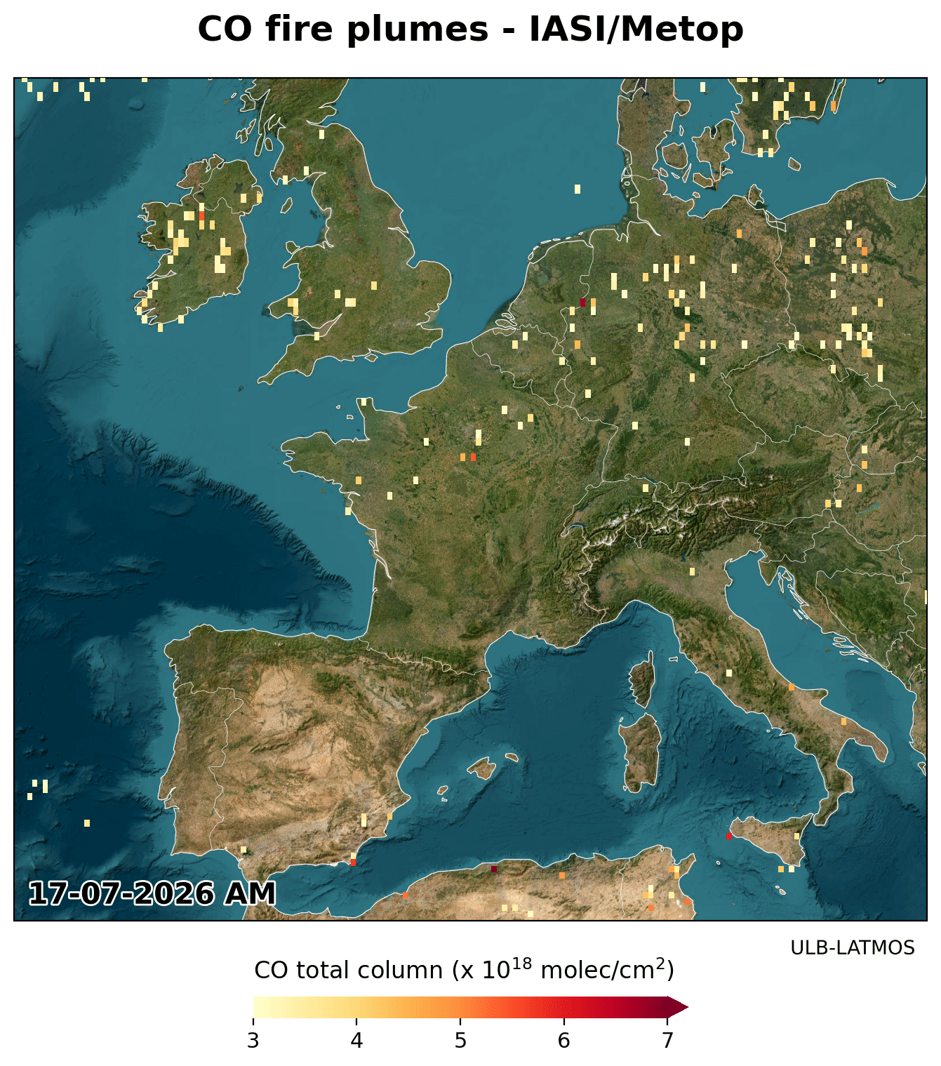Animation produite à partir de données de l’instrument IASI à bord du satellite Metop, entre le 17 et le 27 juillet 2026. On y voit la concentration en monoxyde de carbone dans l’atmosphère, portée par les panaches de fumées des incendies du Canada qui traversent l'Atlantique et se mêlent aux fumées des incendies de Gironde.