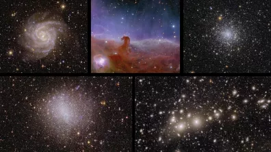 Les 5 premières images de la mission Euclid dévoilées : amas de galaxies Perseus, Nébuleuse de la Tête de Cheval, galaxie spirale IC 342, galaxie irrégulière NGC 6822 et amas globulaire NGC 6397