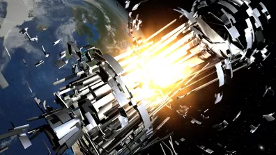 Illustration de l'explosion d'un étage supérieur de fusée resté en orbite.