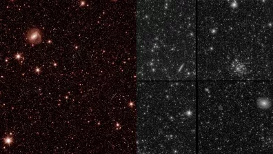 Premières images de test d'Euclid et de ses instruments. A gauche : image par NISP. A droite : image par VIS.