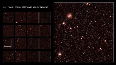 Image de test de l'instrument NISP. A gauche : champ de vision complet. A droite : zoom avant à 4 % du champ de vision complet de NISP.