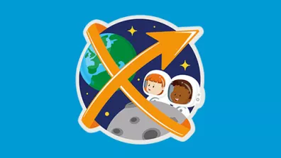 Deux jeunes astronautes derrière la lune, avec une flèche formant un X