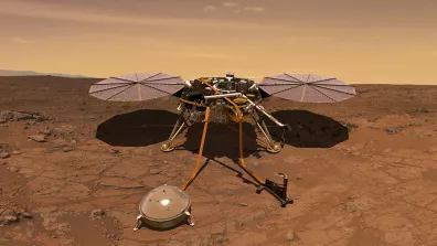 Vue d’artiste de l’atterrisseur InSight, à la surface de Mars avec le sismomètre SEIS déployé en bas à gauche. 