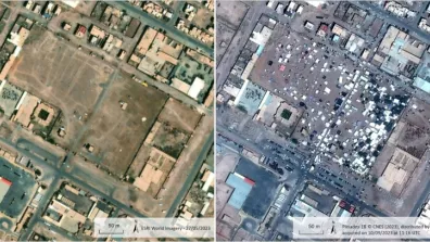 Images d'un stade vu par satellite avant / après le séisme au Maroc en septembre 2023