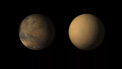 Photos prises par la sonde Mars Reconnaissance Orbiter (NASA) montrant Mars avant (à gauche) et pendant (à droite) une tempête de poussière, qui a fait perdre contact avec le rover Opportunity. 