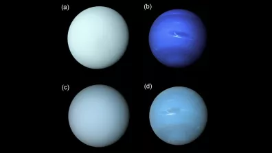 Les photos a et b montrent les images d’Uranus (à gauche) et de Neptune (à droite) à partir des photos prises par Voyager 2. Les photos c et d montrent des reconstitutions plus récentes des 2 planètes. Celles-ci correspondent aux vraies couleurs des planètes.