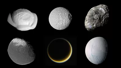 Quelques-unes des incroyables lunes de Saturne (pas à l’échelle). De haut en bas et de gauche à droite : Pan, Mimas, Hypérion, Lapetus, Titan et Encelade.
