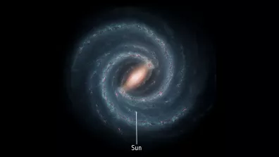 Illustration de notre galaxie, la Voie Lactée, le Soleil n'y représente qu'un minuscule point.
