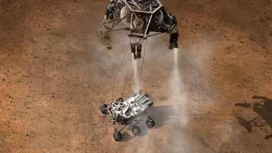 Vue d’artiste de l’atterrissage du rover Curiosity sur Mars