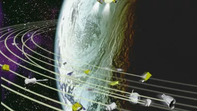 Illustration de débris spatiaux en orbite. Cette représentation n'est pas à l'échelle.