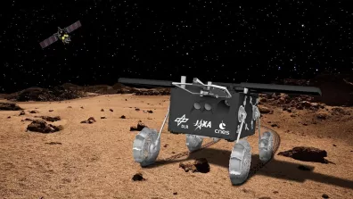 Vue d'artiste du rover IDEFIX® de la mission MMX sur la lune martienne Phobos