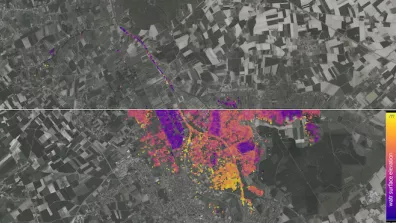 Image recomposée à partir de deux acquisitions du satellite SWOT à un an d'intervalle au-dessus de la ville de Saint-Omer