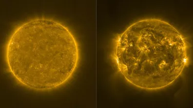 Images du Soleil prises en février 2021 (à gauche) et octobre 2023 (à droite) par l’imageur EUI 