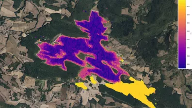 Superposition des hauteurs d’eau mesurées par SWOT sur le lac de Montbel et son plan d’eau les 5 novembre 2023, 27 février, 20 avril et 11 juin 2024.