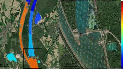 Vue de la hauteur d’eau mesurée par SWOT sur le Rhin au niveau d’un barrage hydroélectrique faisant brusquement varier le niveau d’environ 7 mètres passant du orange au bleu sur les mesures “Individuelles” du zoom de droite