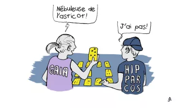 L'illustration représente deux personnages portant des t-shirts avec les noms "GAIA" et "HIPPARCOS"