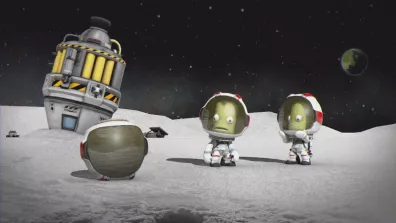 Deux personnages du jeu vidéo Kerbal Space Program sur la Lune