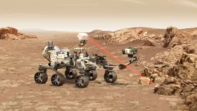 Vue d'artiste du rover Perseverance scannant le sol de la planète Mars à l'aide de son laser
