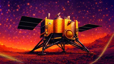 Illustration de la sonde MMX collectant des échantillons sur Phobos.