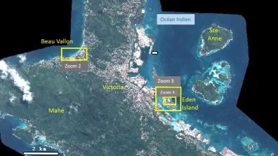 Image satellite de Mahé, l'île la plus grande et la plus peuplée de l'archipel des Seychelles