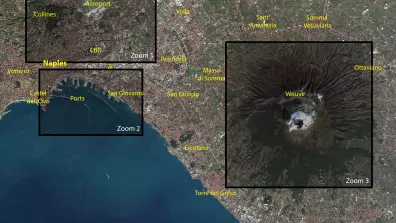 Image satellite de Naples, ville du sud de l'Italie au peid du Vésuve
