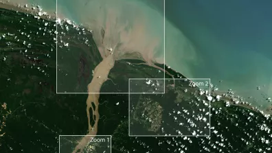 Image satellite du Maroni, fleuve-frontière entre la Guyane française et le Suriname 