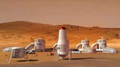 Vue d'artiste d'une base humaine sur la planète Mars Vue d'artiste d'une base humaine sur la planète Mars
