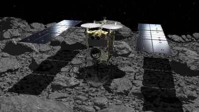 Illustration de Hayabusa2 effectuant un prélèvement sur l'astéroïde Ryugu