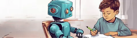 Un enfant assis à un bureau avec un robot à ses côtés