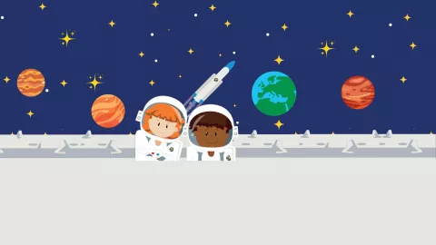 Une petite fille et un petit garçon cosmonautes sur la lune