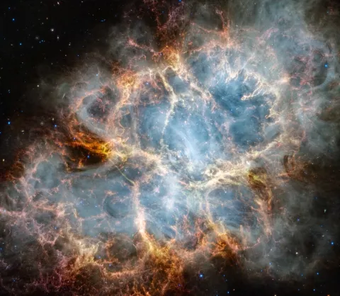 Image de la nébuleuse du Crabe obtenue par les instruments NIRCam et MIRI du télescope spatial James Webb