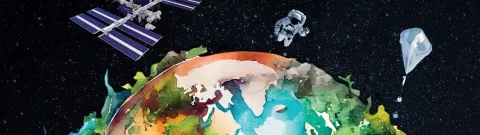 Un satellite, un astronaute et un ballon en orbite autour de la Terre