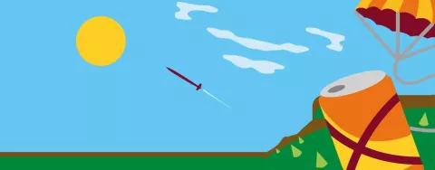 Descente sous parachute d'une CanSat vers le sol, mini-fusée décollant dans le ciel