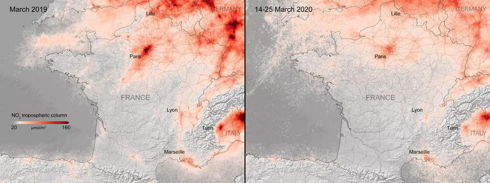 Cartes des concentrations de dioxyde d'azote en France en 2020