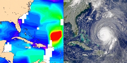 L'ouragan Isabel a frappé les États Unis le 18 septembre 2003. Il a été suivi de près par tous les moyens satellites. A gauche, une carte de vitesse du vent issue de l'altimètre de Jason-1 (CNES/CLS) A droite, une carte du satellite SeaWIfs (NAS...