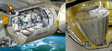 Left: Columbus laboratory - cutaway view. Credits: ESA/D. Ducros. Right: Columbus is loaded into a transportation container ahead of the journey to NASA's Kennedy Space Center. Crédits : ESA/S. Corvaja