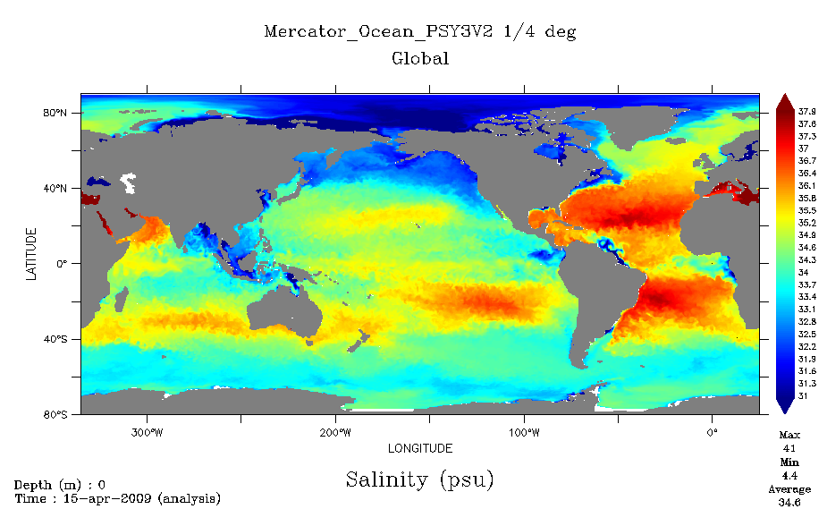 Typical real-time analysis of the ocean supplied by Mercator Ocean since 2005. Here, the parameter measured is global surface-water salinity on 15 April 2009. Credits: Mercator Ocean.