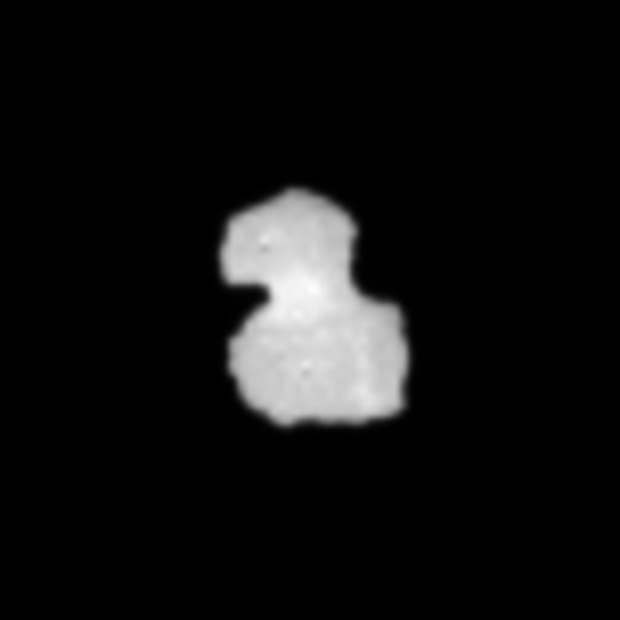 Image zoomée 10 x et interpolée du noyau de 67P vu par la caméra de navigation de Rosetta le 29 juillet 2014 à une distance de 1 933 km.