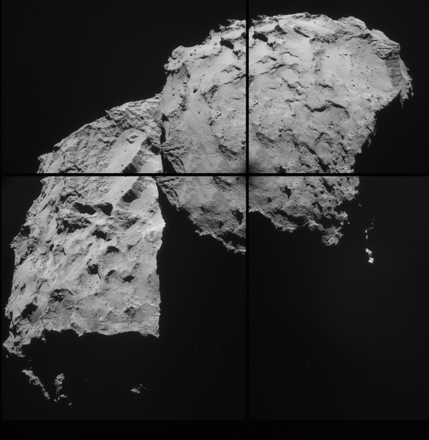 Animation montrant le passage des 4 images de la NavCam à la mosaïque ; 14/09/2014, 30 km de distance, résolution de 2,5 m/pixel environ. Toutes les images ont été pivotées de 180°. Crédits : ESA/Rosetta/NavCam.