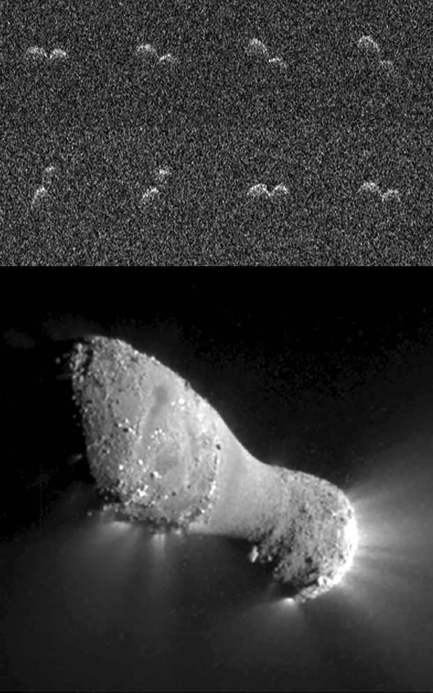 Les noyaux des comètes 8P/Tuttle et 103P/Hartley 2 présentent une structure bilobée comme celui de 67P/Churyumov-Gerasimenko. Crédits : Arecibo Observatory Planetary Radar/NASA/EPOXI