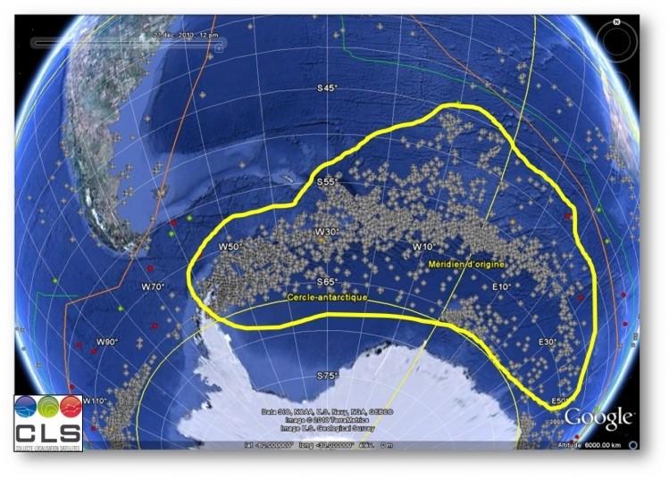 Carte de détection d'icebergs au cours d’un été austral