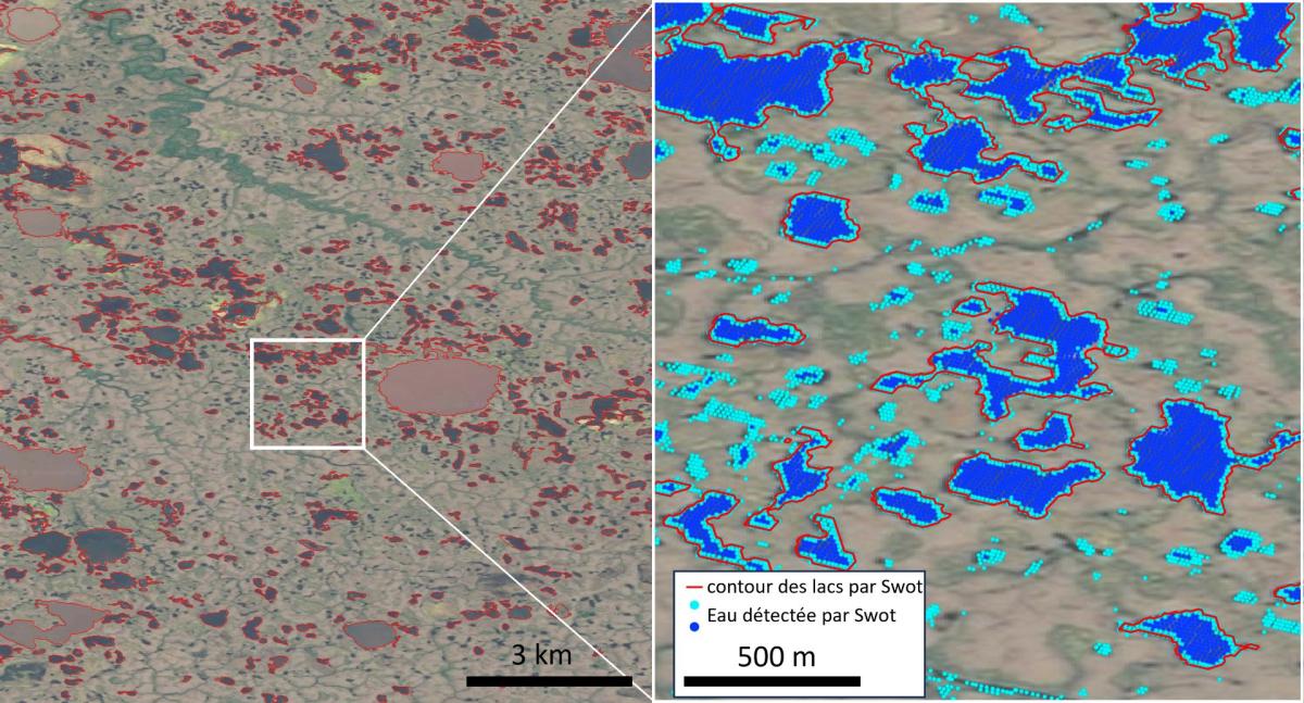 Figure représentant les hauteurs d'eau du delta du Yukon mesurées par SWOT en juin 2023 Figure représentant les hauteurs d'eau du delta du Yukon mesurées par SWOT en juin 2023