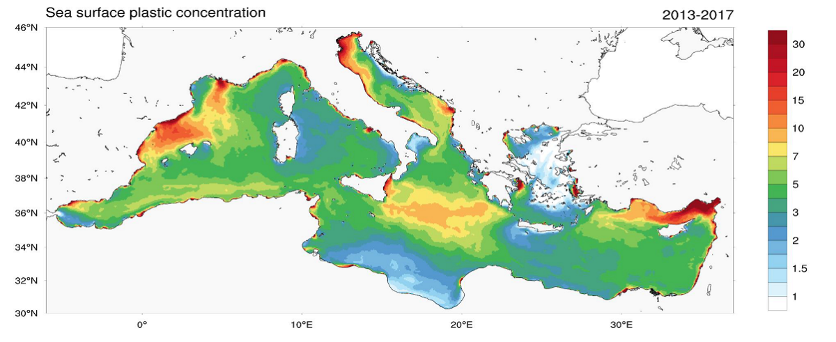 Carte des zones de concentration plastique en Méditerranée