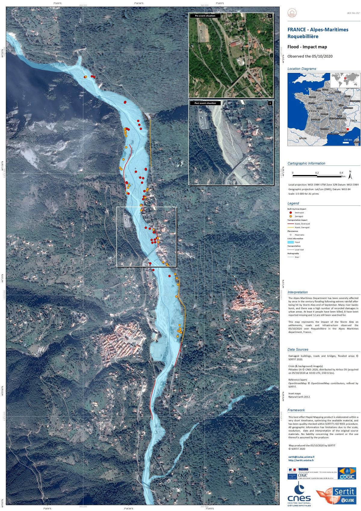 Image satellite de la crue et des dégâts après la tempête Alex en Vésubie, 2020