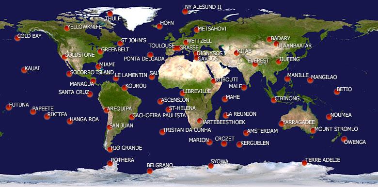 Carte du réseau de stations Doris 