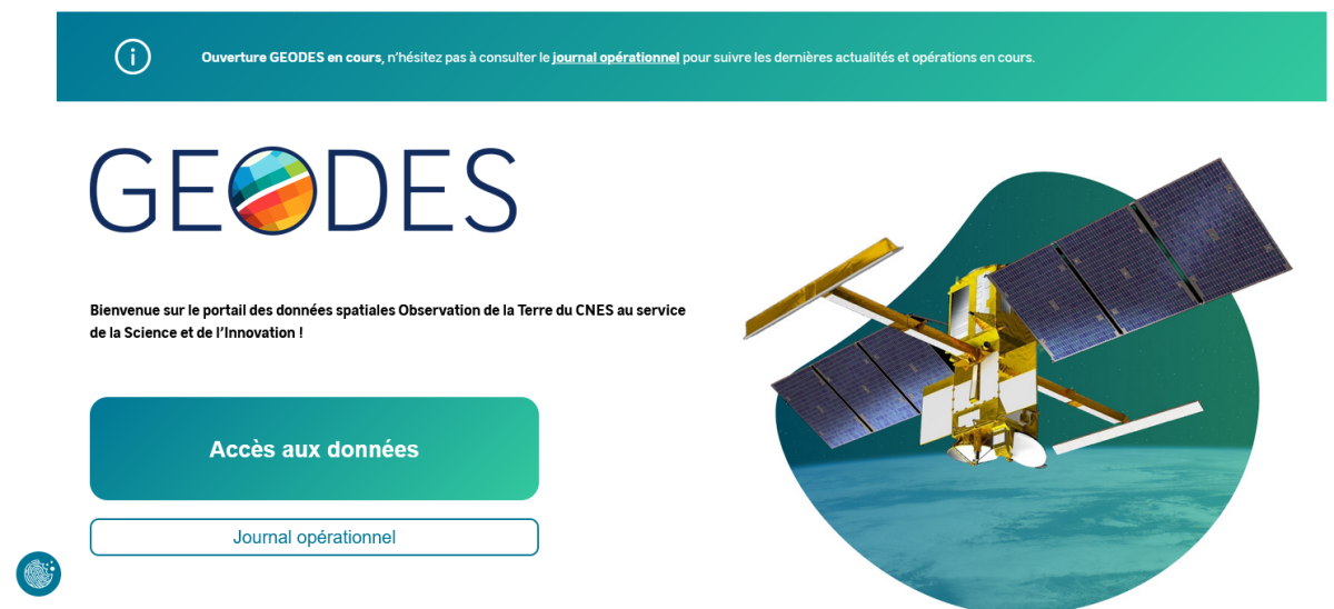 Ecran d'accueil du site GEODES, avec image du satellite SWOT et bouton d'accès aux données Ecran d'accueil du site GEODES, avec image du satellite SWOT et bouton d'accès aux données