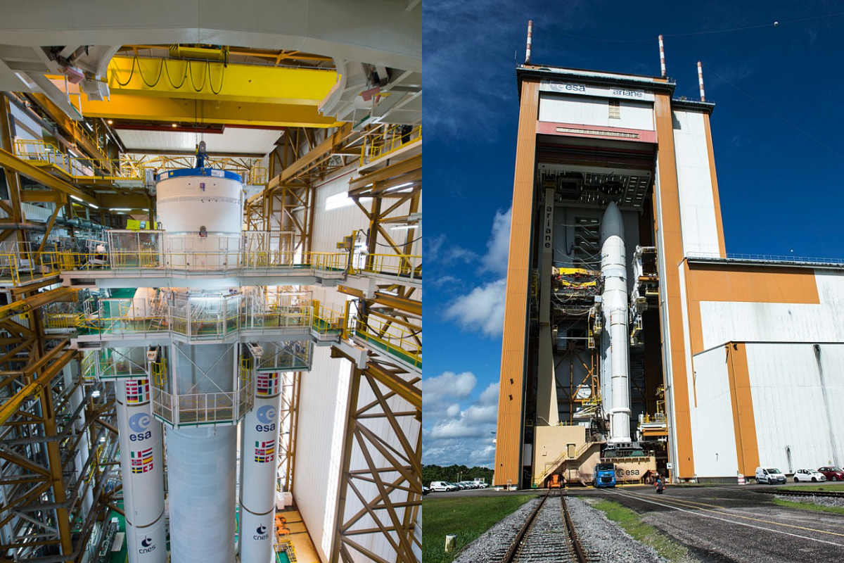 Ariane 5 lorsque son intégration est terminée dans le BIL, Ariane 5 en sortant du BAF Ariane 5 lorsque son intégration est terminée dans le BIL, Ariane 5 en sortant du BAF