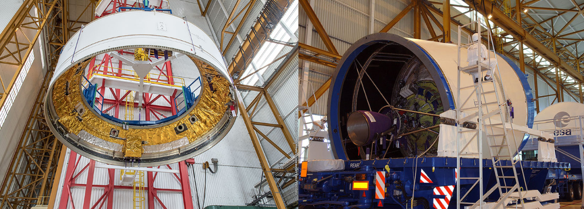 Erection de la case à équipements au BIL, l’étage supérieur cryotechnique de type A (ESC-A) et son moteur HM-7B pour Ariane 5 ECA Erection de la case à équipements au BIL, l’étage supérieur cryotechnique de type A (ESC-A) et son moteur HM-7B pour Ariane 5 ECA